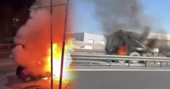 Otomobil ve tır dorsesi alev aldı