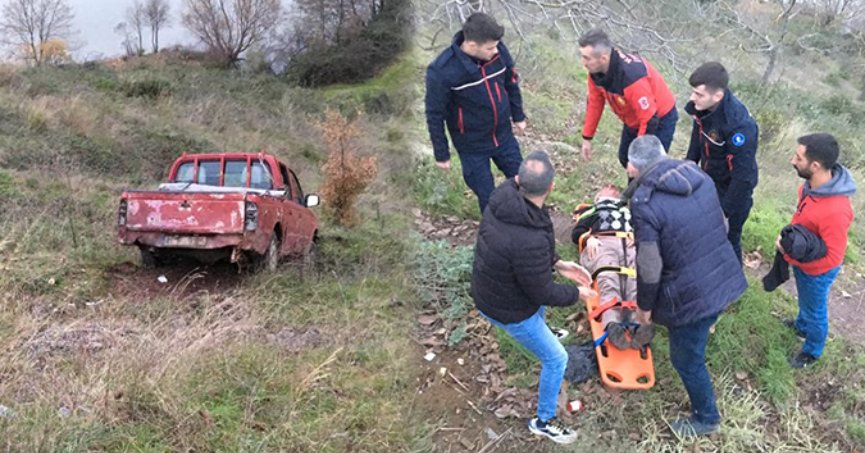 Uçuruma yuvarlanan kamyonetten son anda kurtuldu